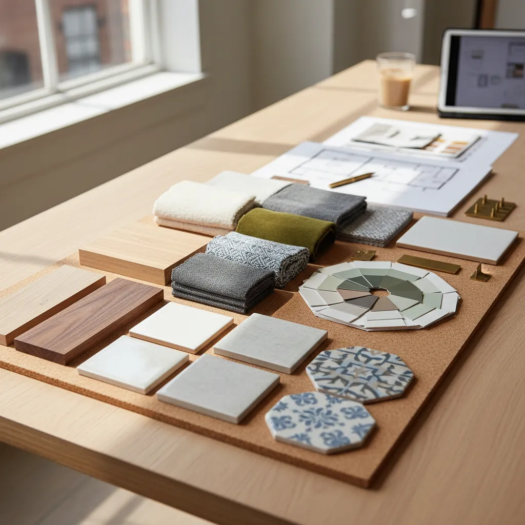 Material board with wood tiles fabric and paint swatches on a desk for interior design