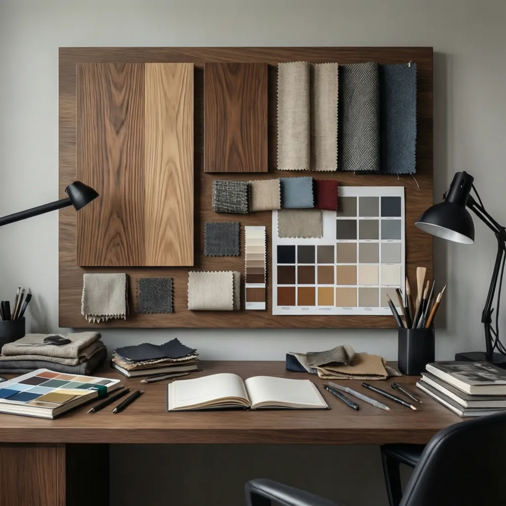 Tablero de materiales con madera, telas y muestras de acabado