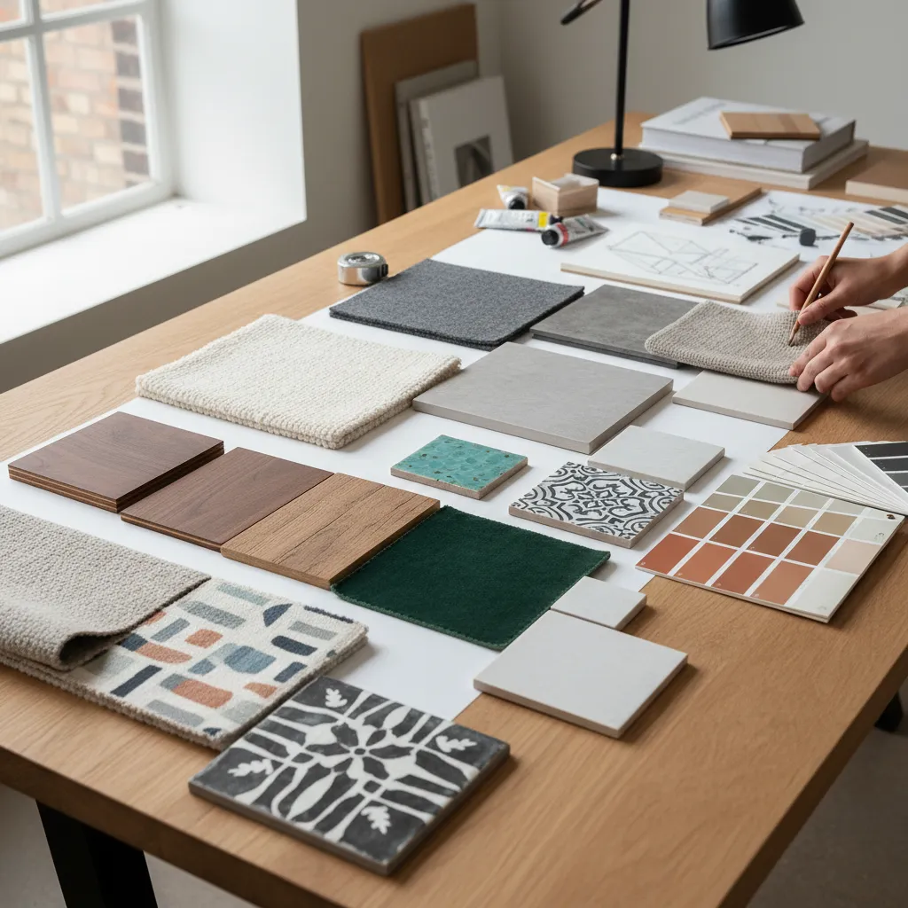 Person arranging wood tiles and fabric samples on desk for interior design project material selection
