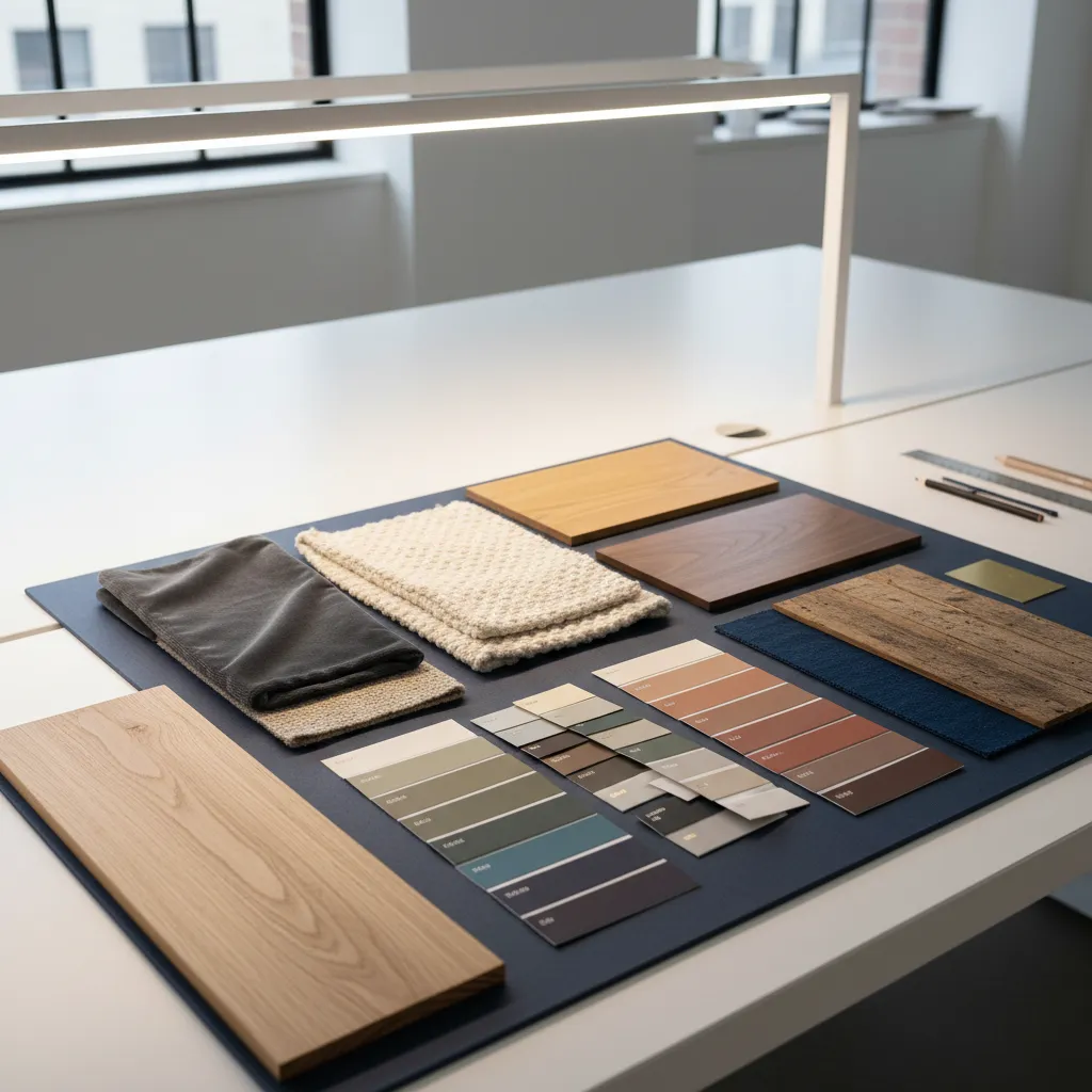 Mesa con muestras de materiales, telas y paletas de colores para un proyecto interior