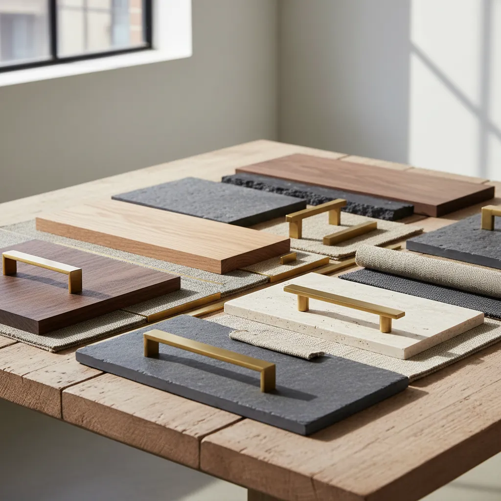 Detalle de materiales de interiorismo como madera, piedra y textiles