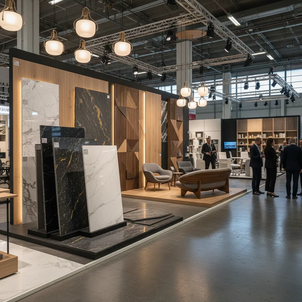 Exposición de materiales y mobiliario en un evento de interiorismo