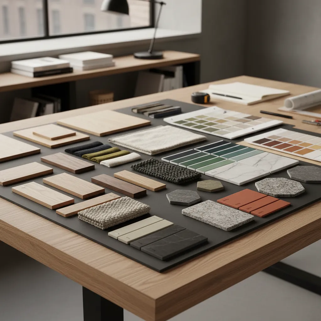 Muestras de materiales de interiorismo como madera, telas y piedra