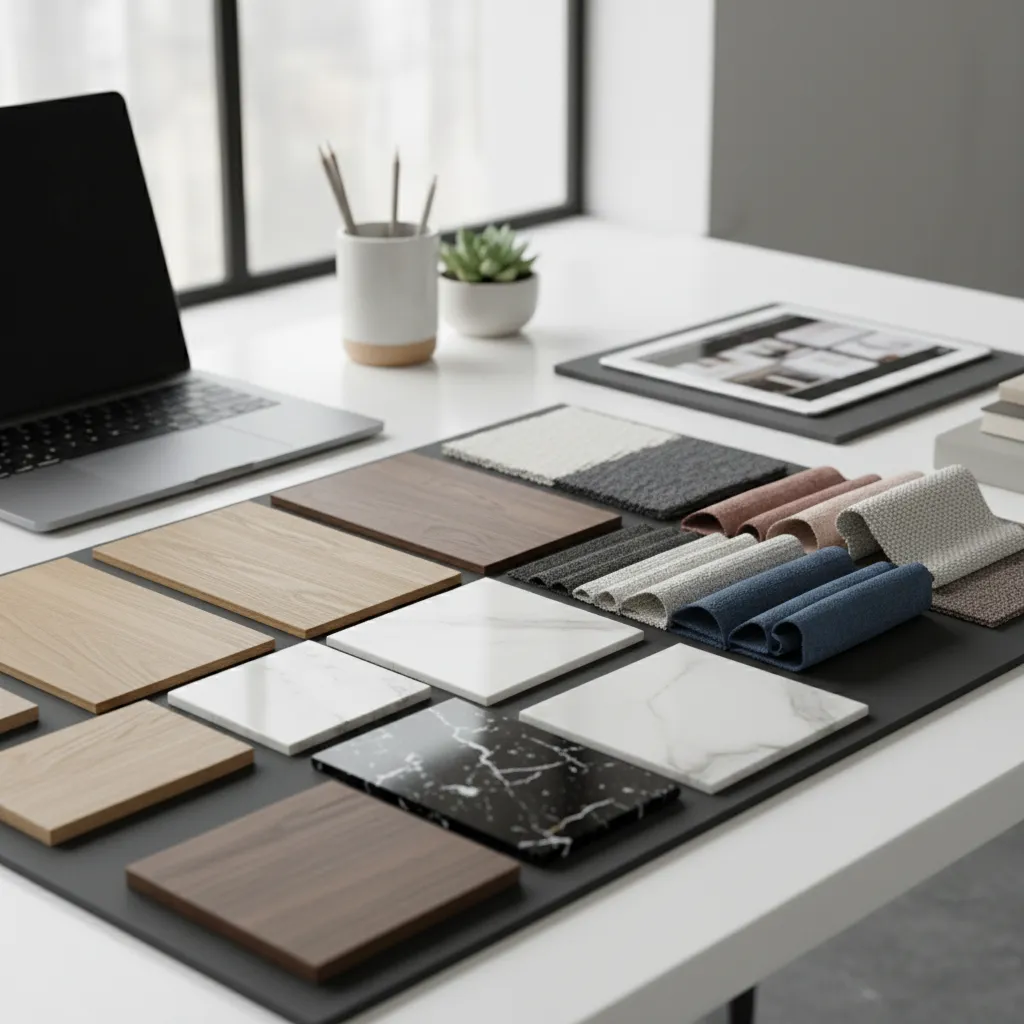 Muestras de materiales de interiorismo como madera, tela y piedra