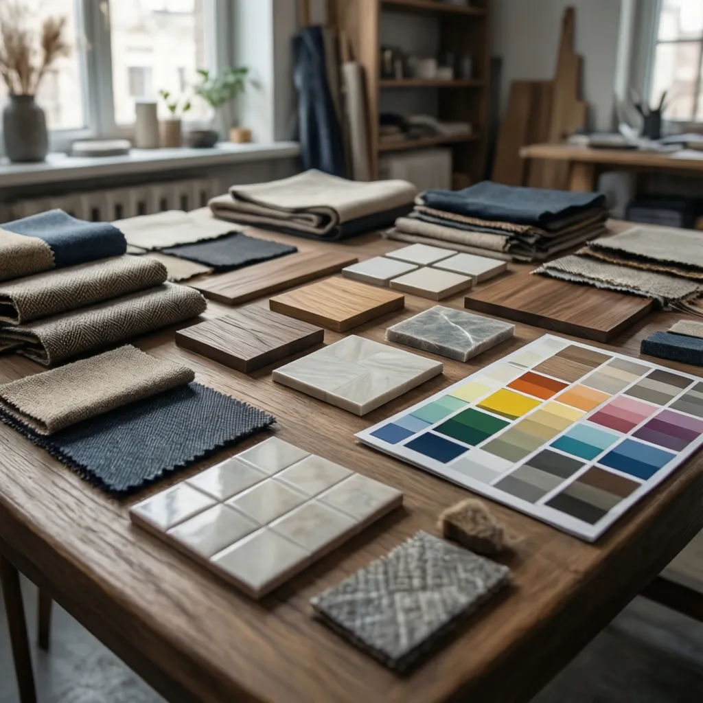 Mesa con muestras de materiales, telas y colores para diseño interior