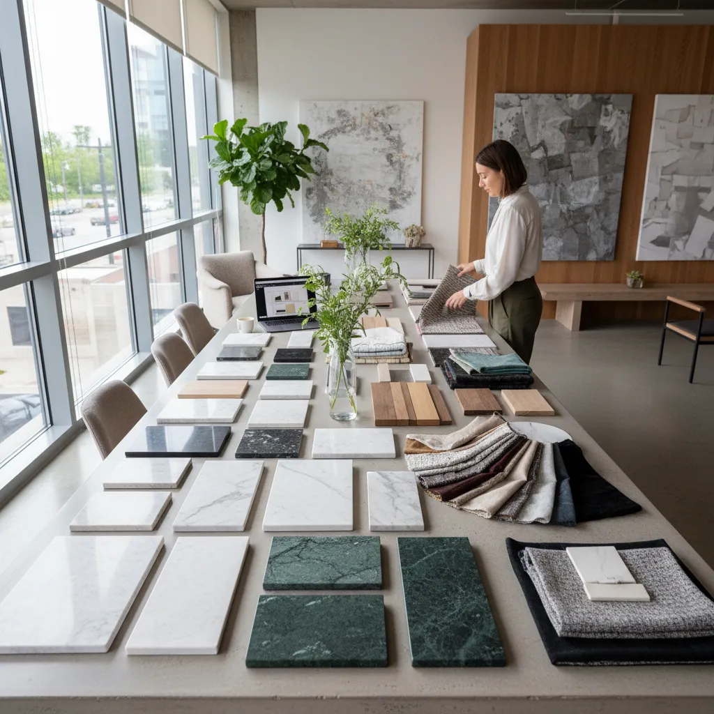 Diseñador revisando muestras de materiales para un proyecto interior