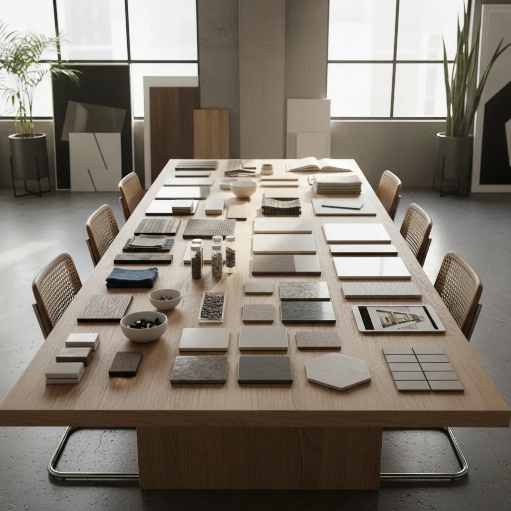 Mesa con muestras de materiales de interiorismo como madera tela y piedra