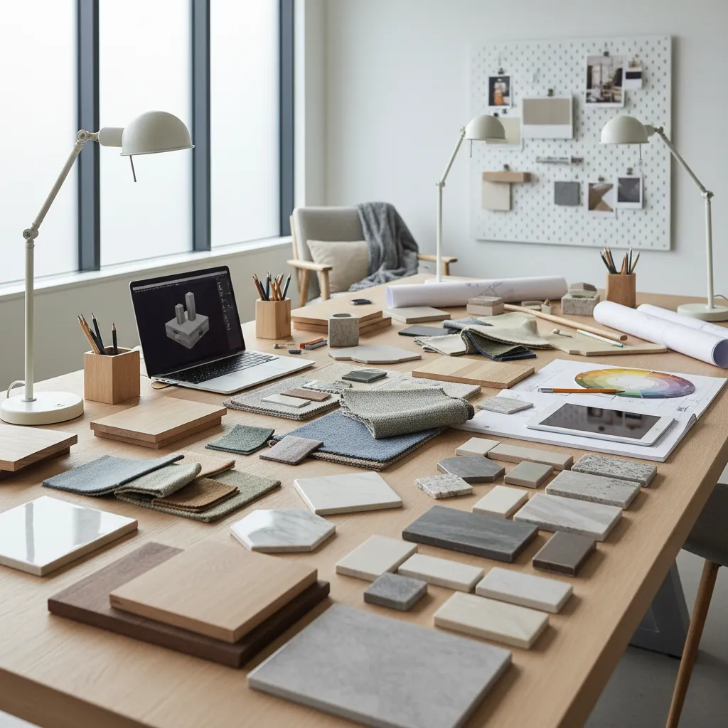 Mesa con muestras de materiales utilizados en proyectos de interiorismo