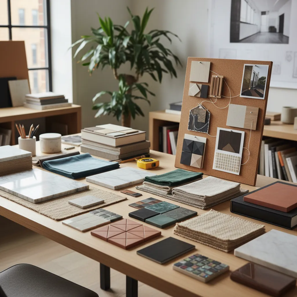 Mesa con muestras de materiales para diseño interior