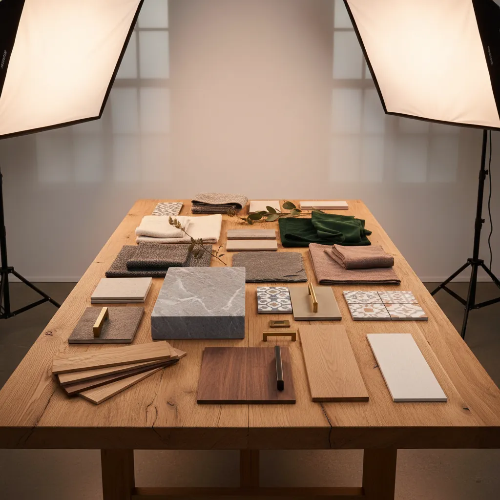 Mesa con muestras de materiales de diseño interior como madera, piedra y textiles