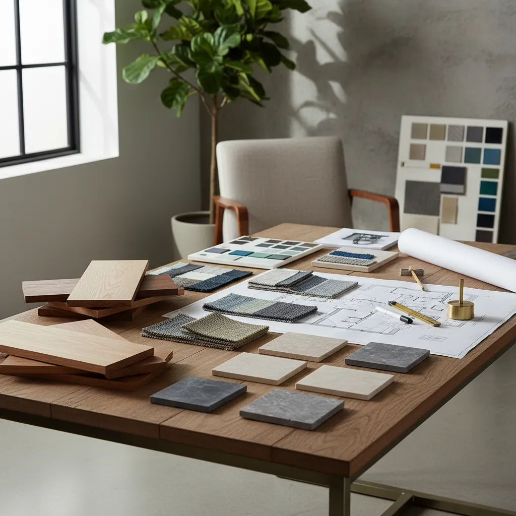 Mesa con muestras de materiales de interiorismo y planos de diseño