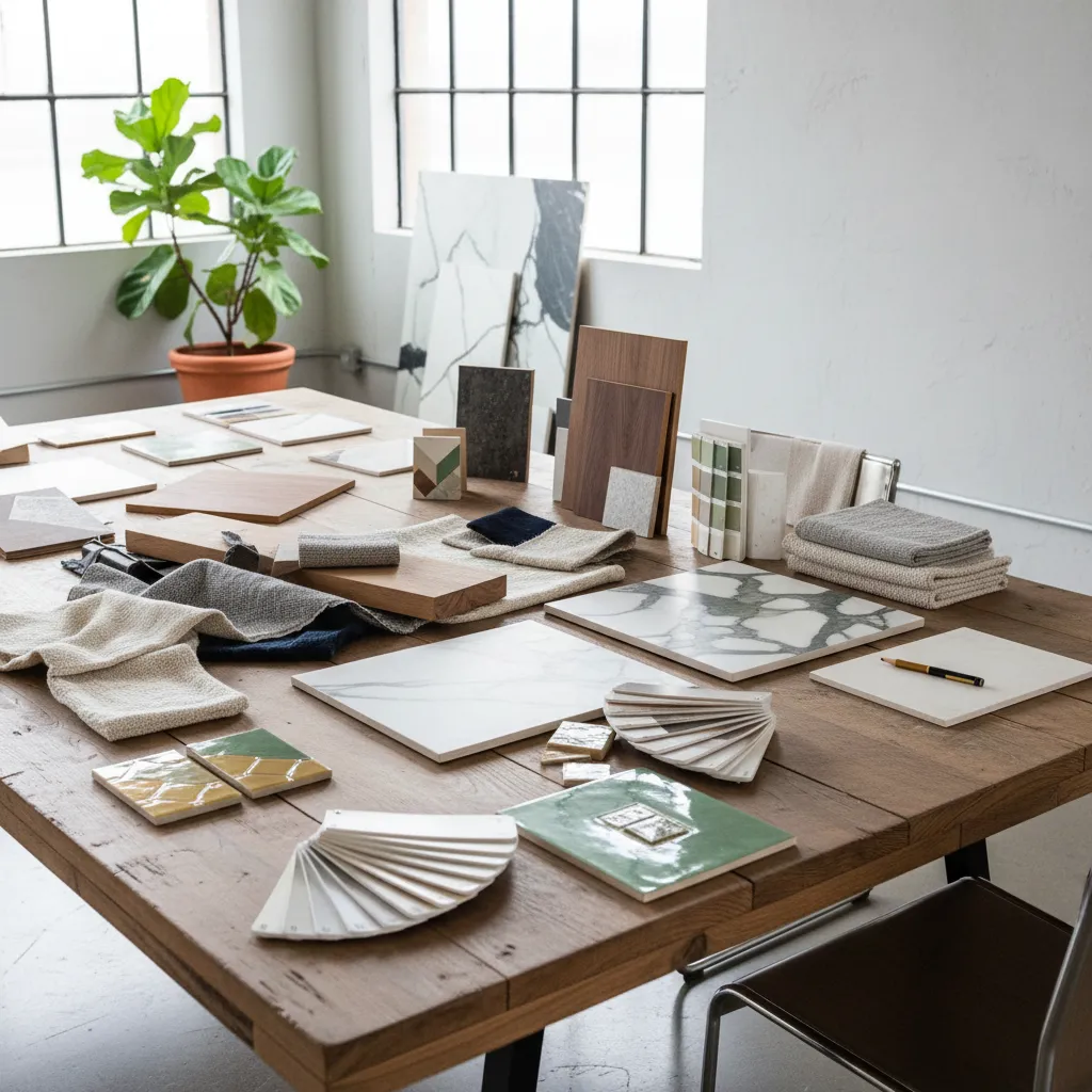 Mesa de trabajo con muestras de materiales de interiorismo
