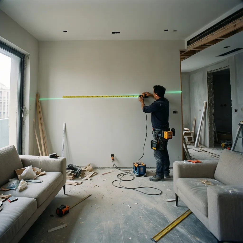 Worker measuring a wall with a laser level in a room under construction with grey sofas