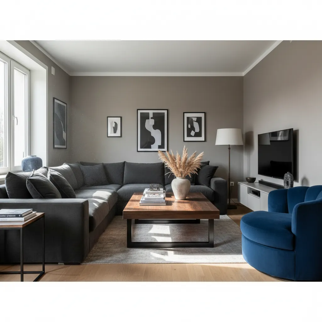 Modern living room featuring grey sofa blue armchair wooden coffee table wall art and television