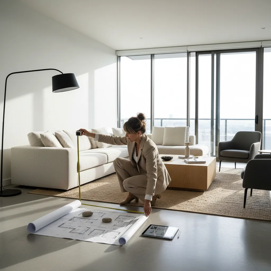 Diseñador midiendo espacio interior antes de colocar muebles