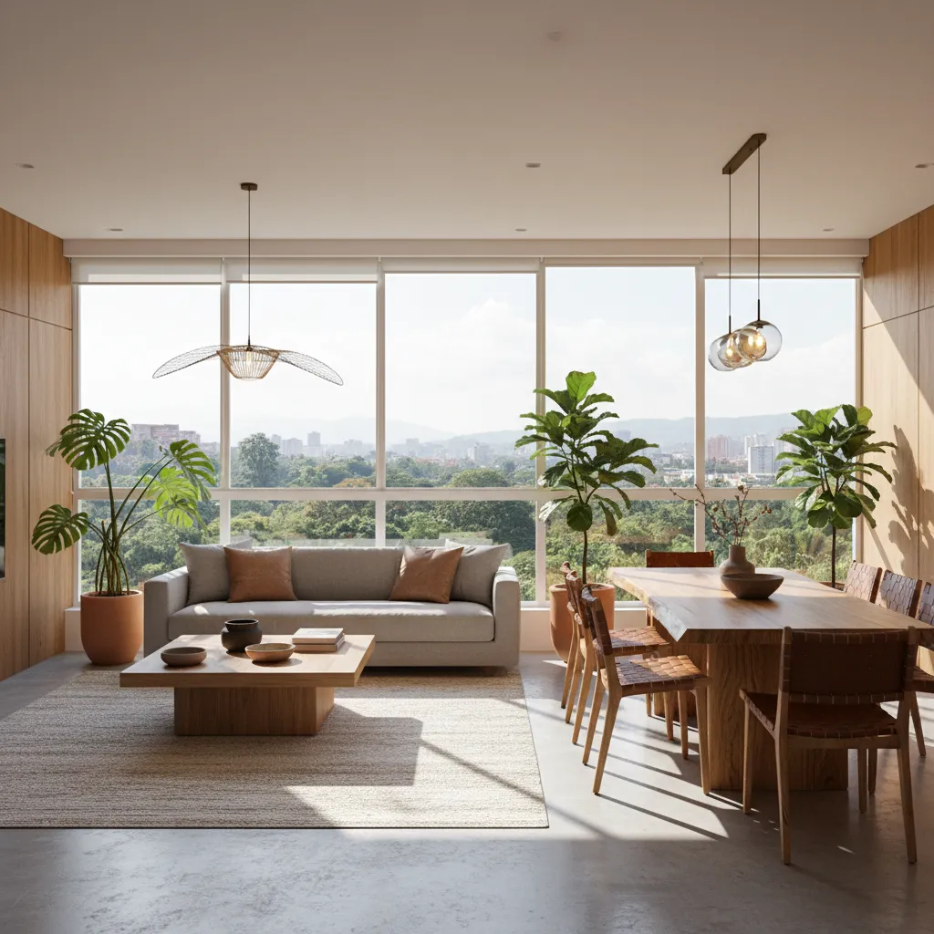 Bright open living and dining room with grey sofa wooden table plants and city view