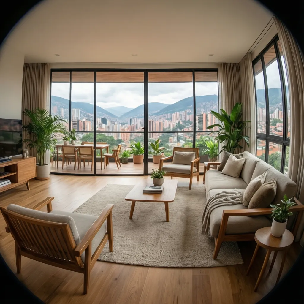 Modern living room with wooden furniture and large windows overlooking a city and mountain view