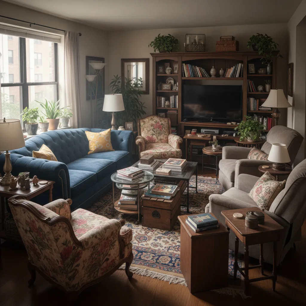 Overcrowded living room with blue sofa floral chairs many small tables and a large cabinet