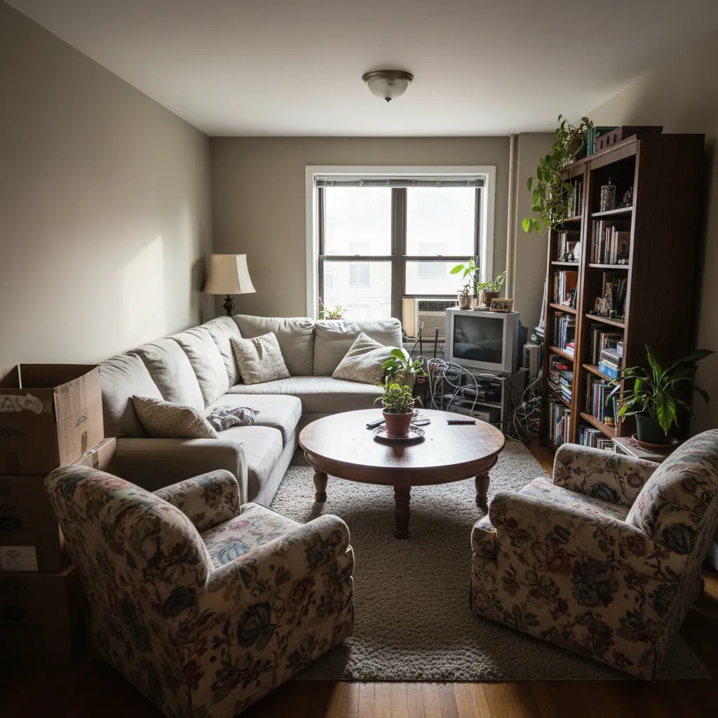 Salón con muebles demasiado grandes y mala distribución