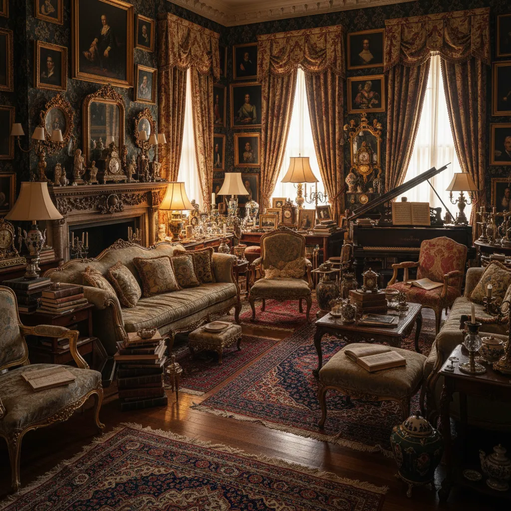 Sala sobrecargada con demasiados muebles y decoración