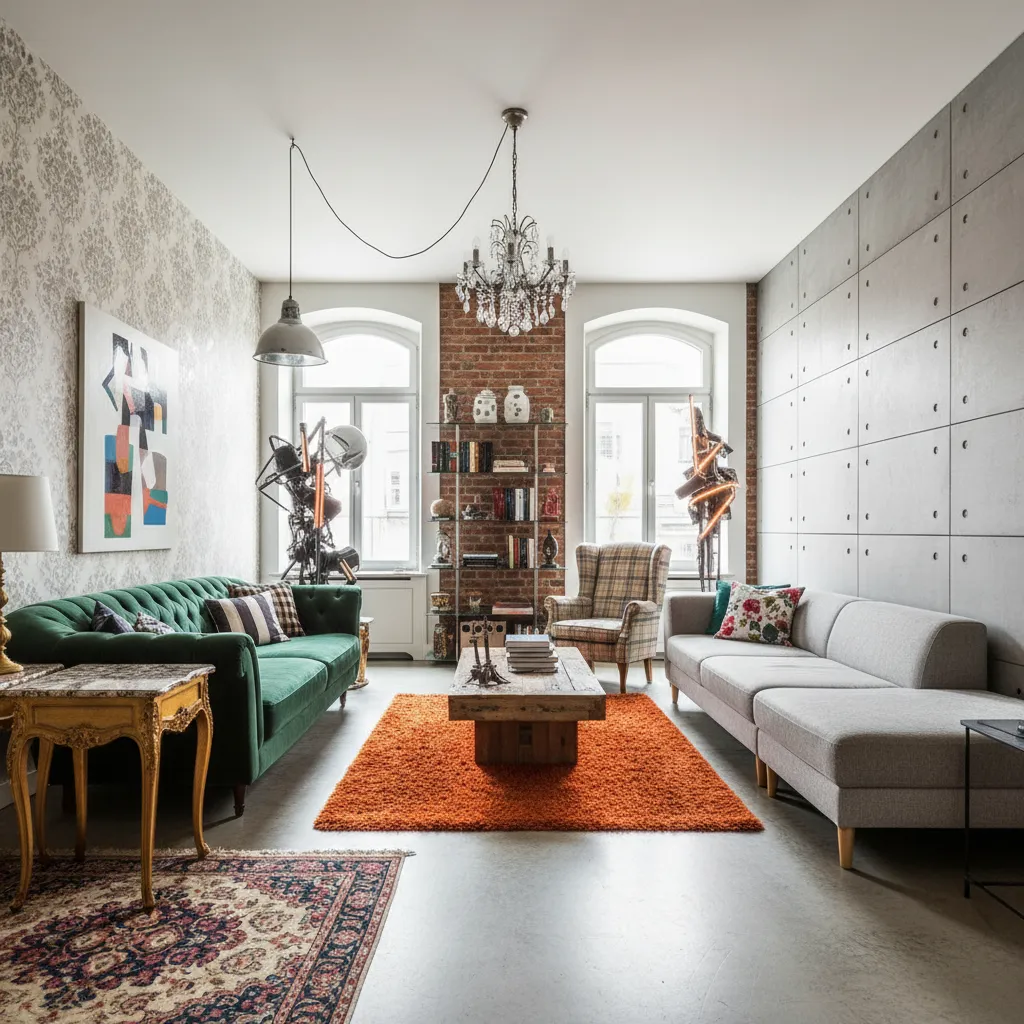 Eclectic living room with green and grey sofas an orange rug and a ceiling light