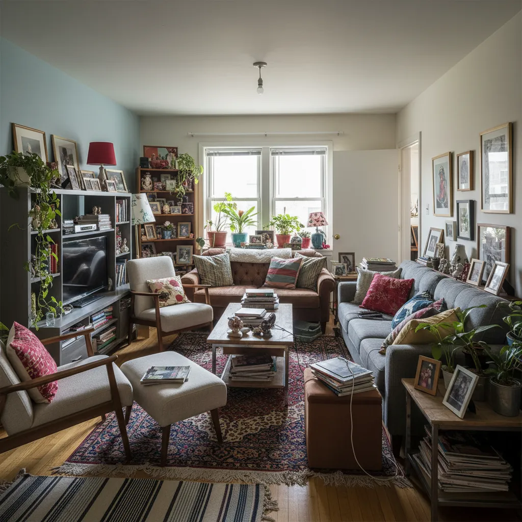 Ejemplo de salón con exceso de decoración y mala distribución