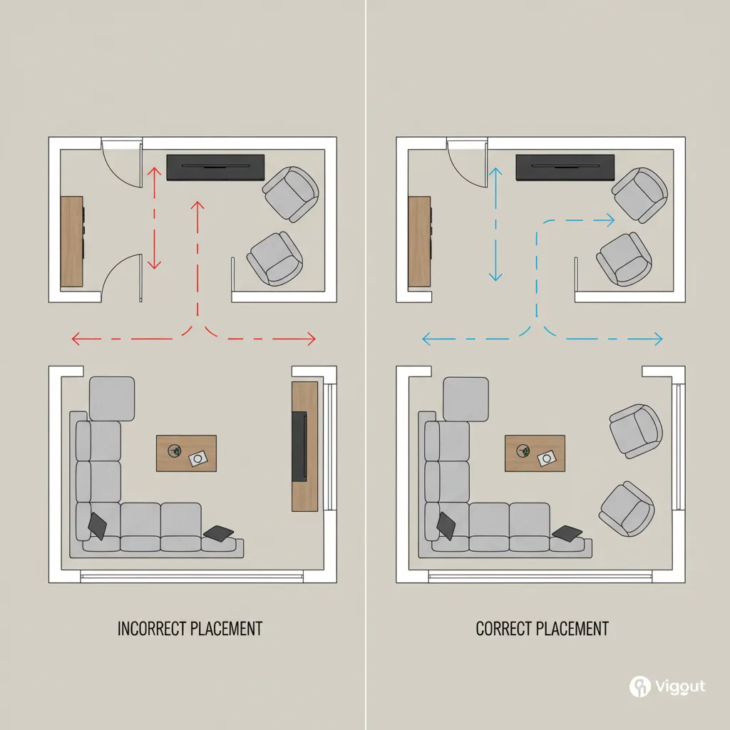 Comparación entre distribución incorrecta y correcta de muebles en un salón