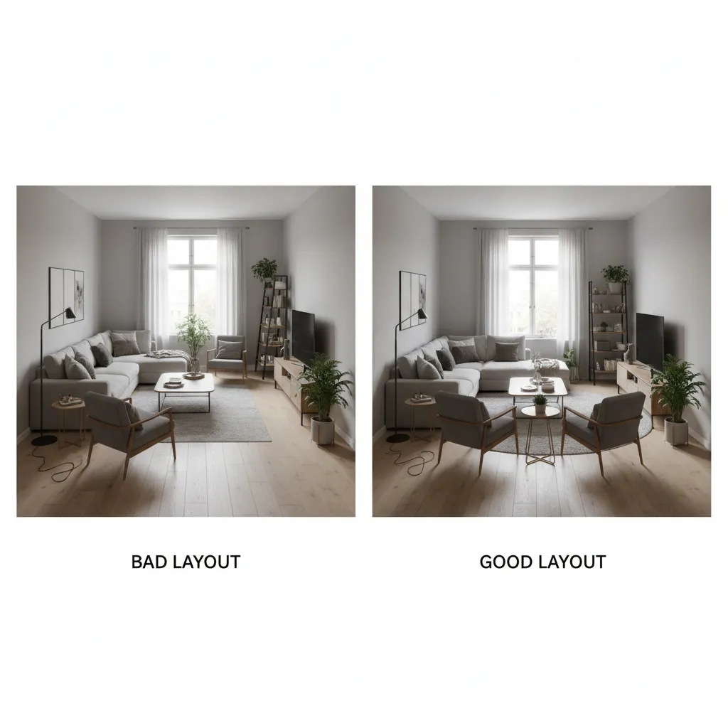 Comparison of bad versus good living room layouts showing sofa armchairs table and wood floor