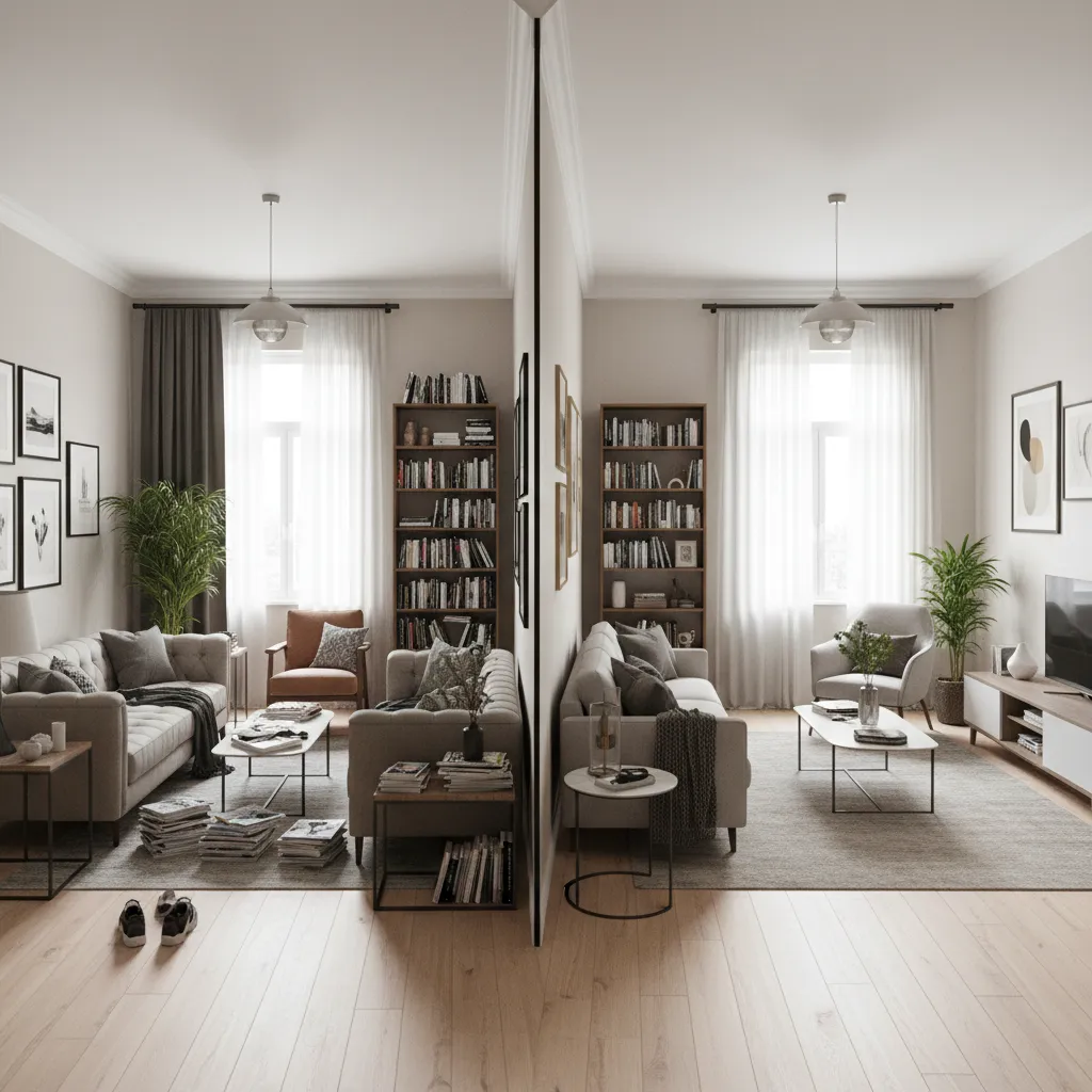 Comparación de una habitación bien distribuida y otra sobrecargada de muebles