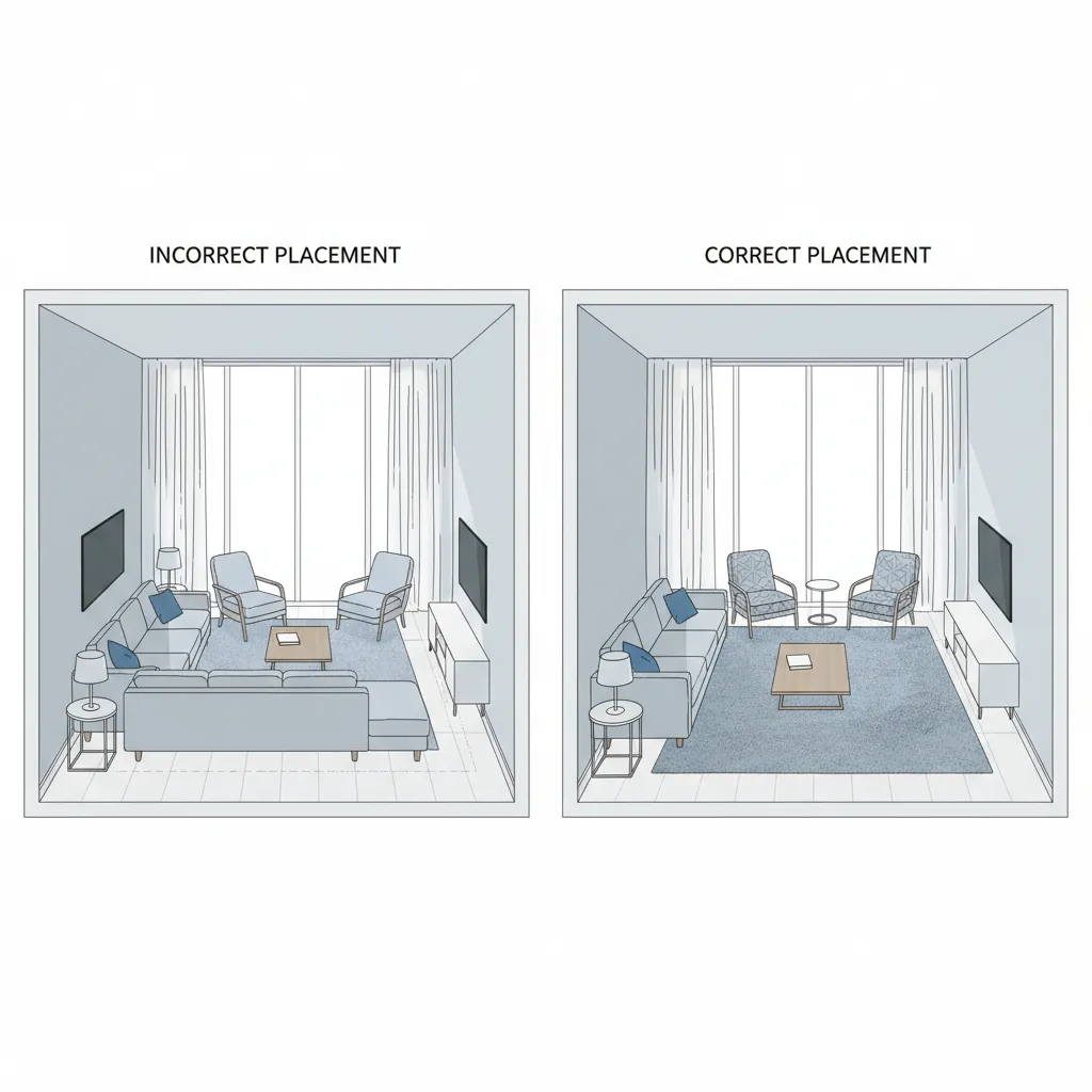 Incorrect and correct living room furniture layout with sofa chairs rug and wood coffee table