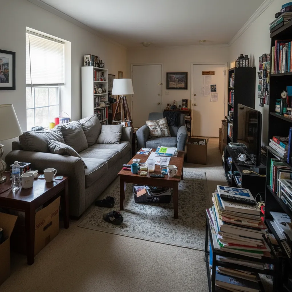 Messy living room layout with grey sofa, wooden coffee table, many books, and cluttered shelves