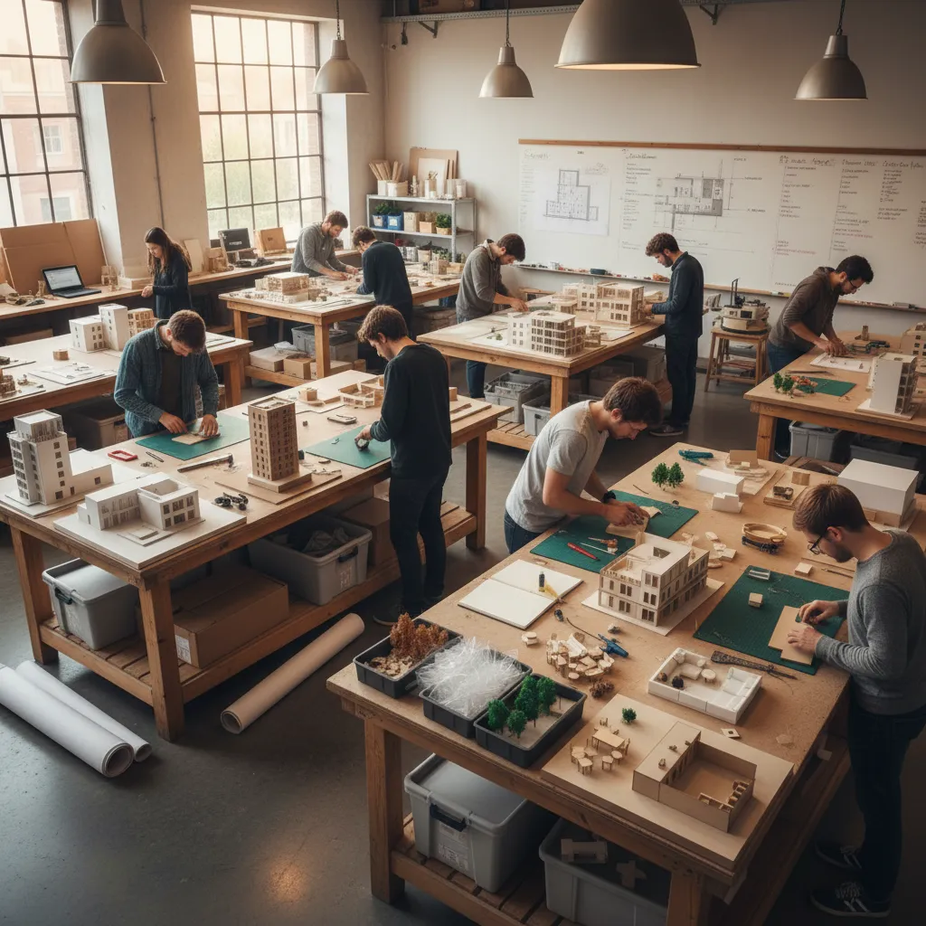 Estudiantes construyendo maquetas arquitectónicas para proyectos de interiorismo