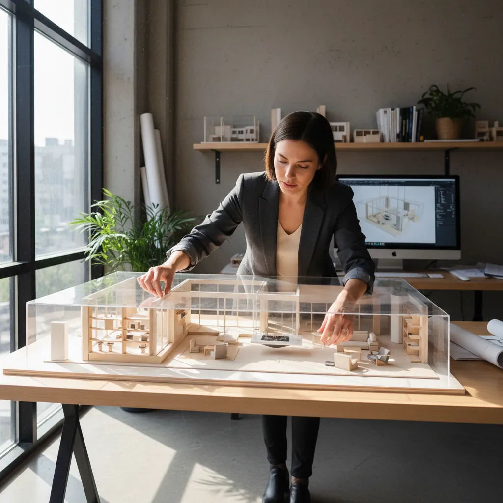 Diseñador revisando una maqueta de interior para analizar circulación