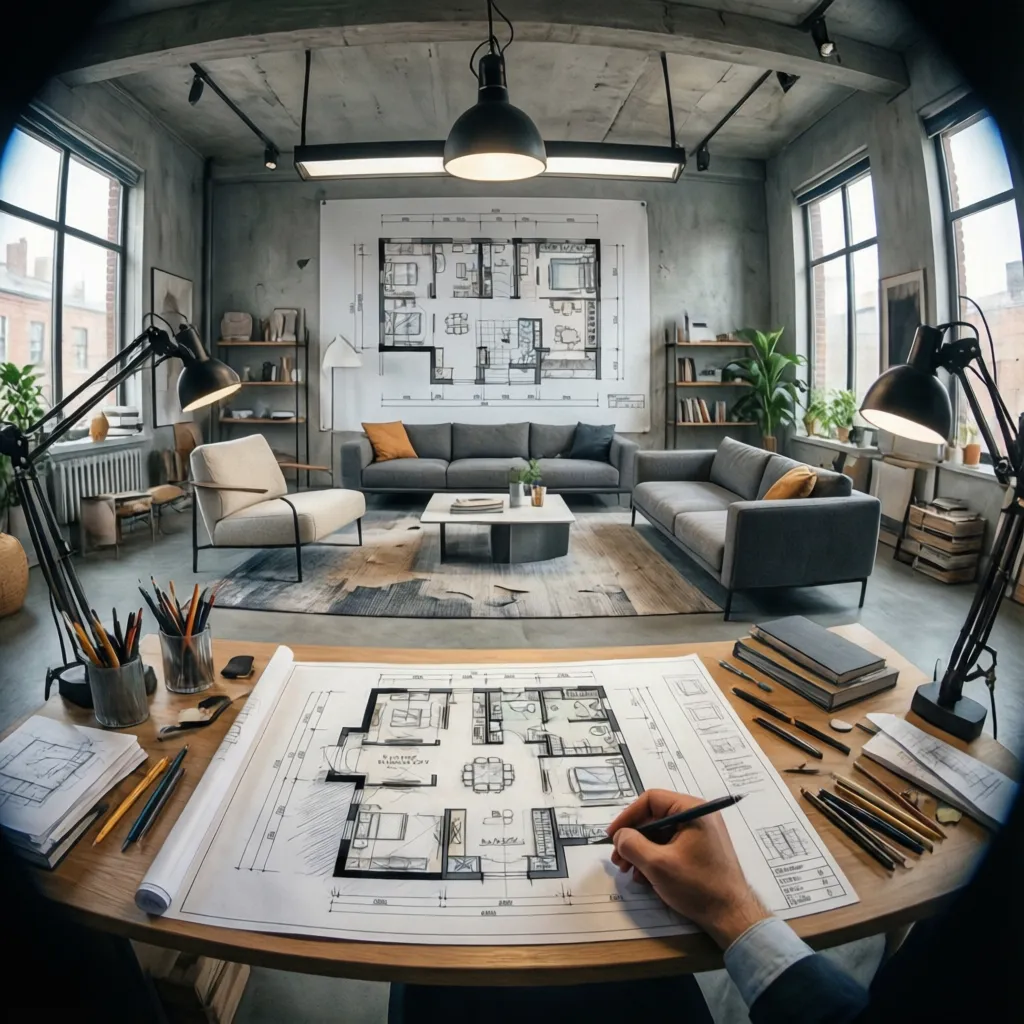 Person drawing interior design drawing on desk with office lamps in a modern home office