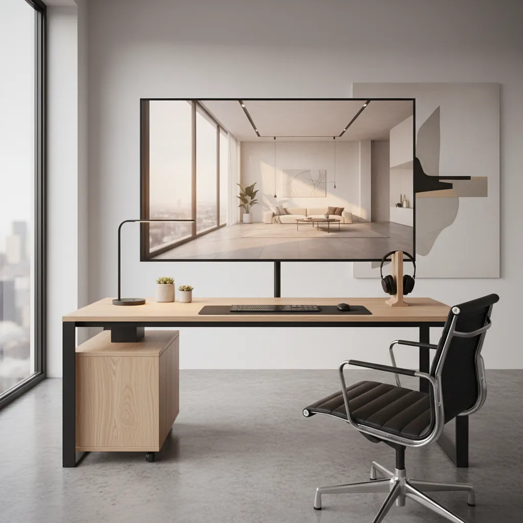 Monitor grande mostrando render de diseño de interiores en alta resolución