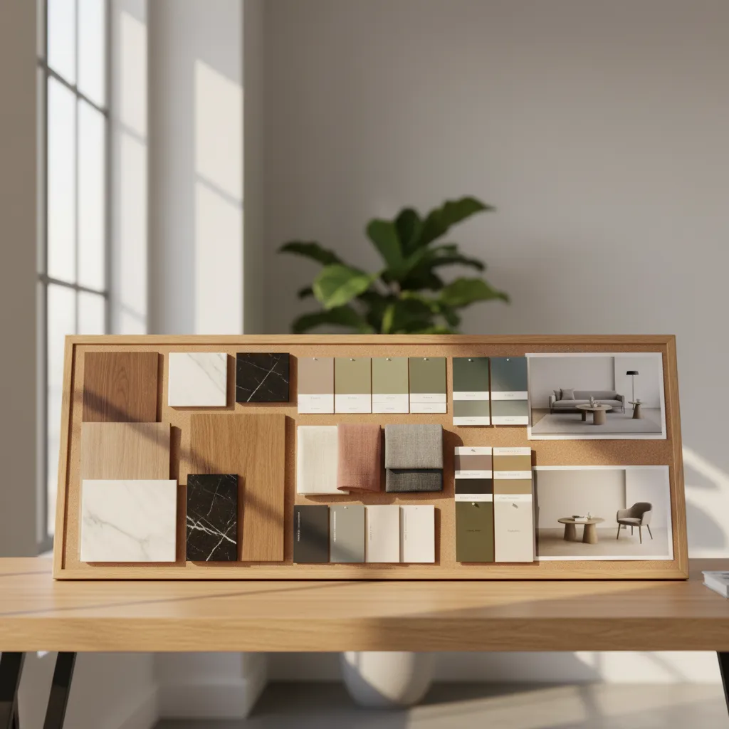 interior design mood board with wood samples fabric swatches and color palette