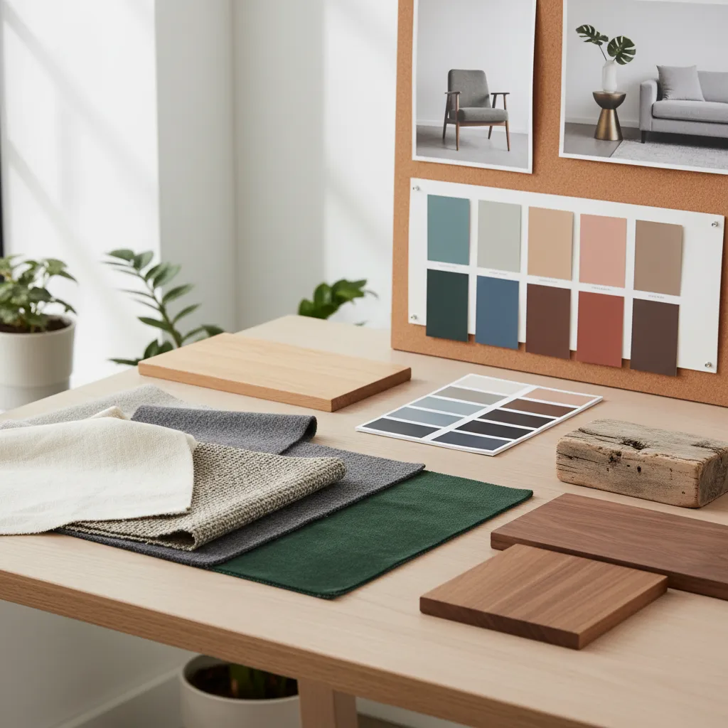 Interior design mood board with materials colors and furniture references