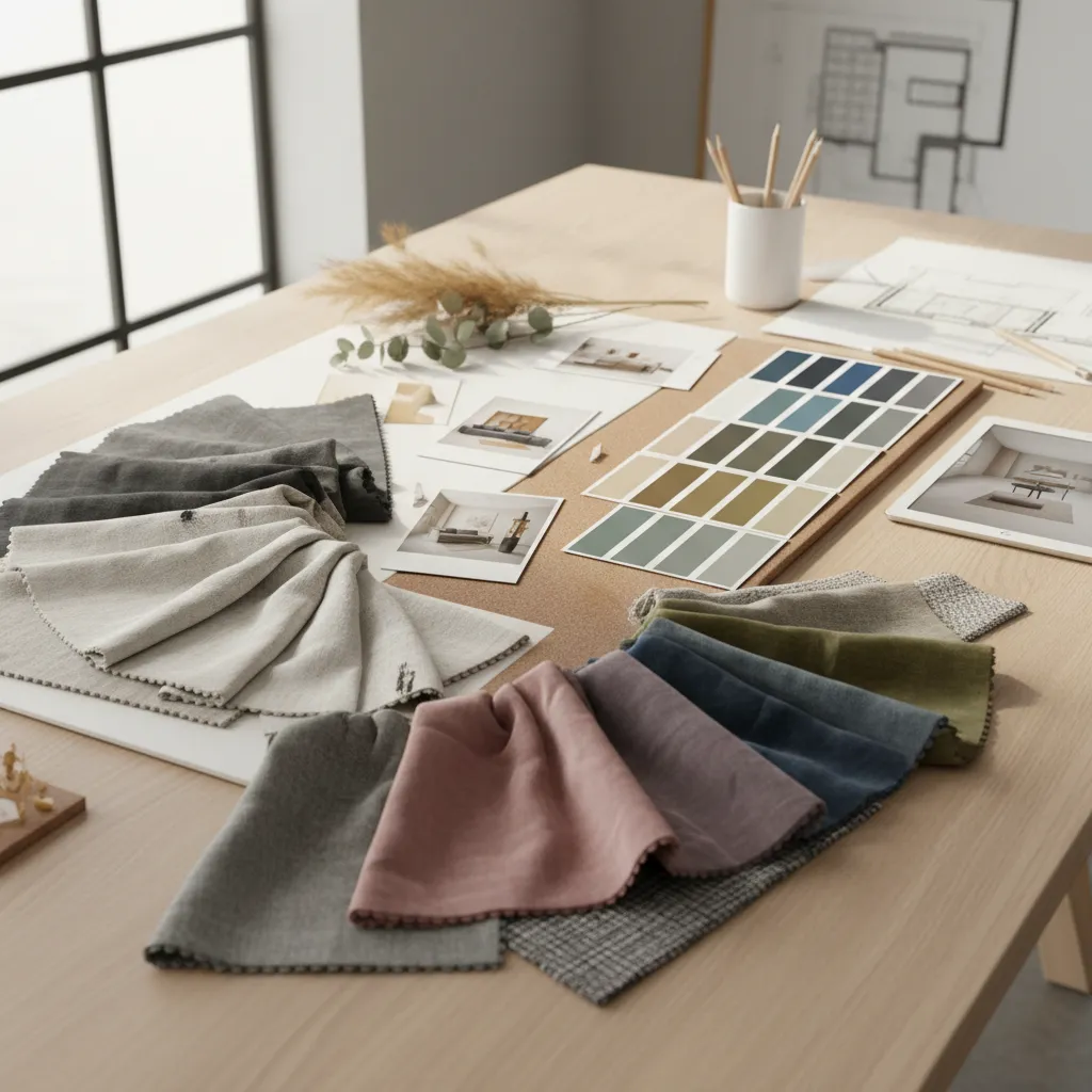 interior design mood board with materials colors and furniture ideas