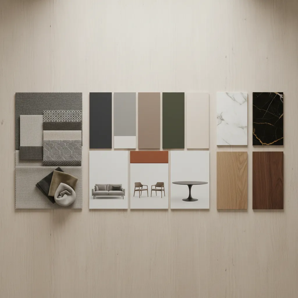 Interior design mood board template with color palette furniture images and materials neatly arranged
