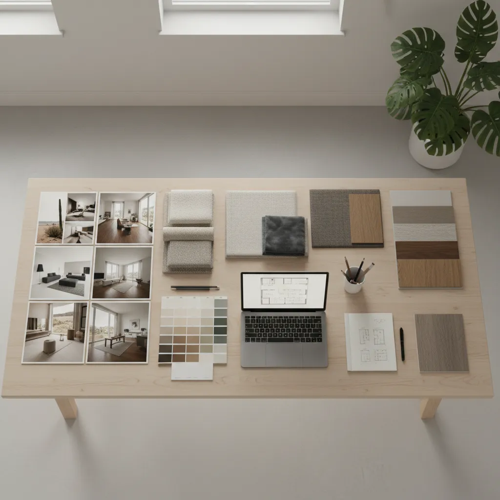 designer desk with interior design mood board materials and inspiration photos