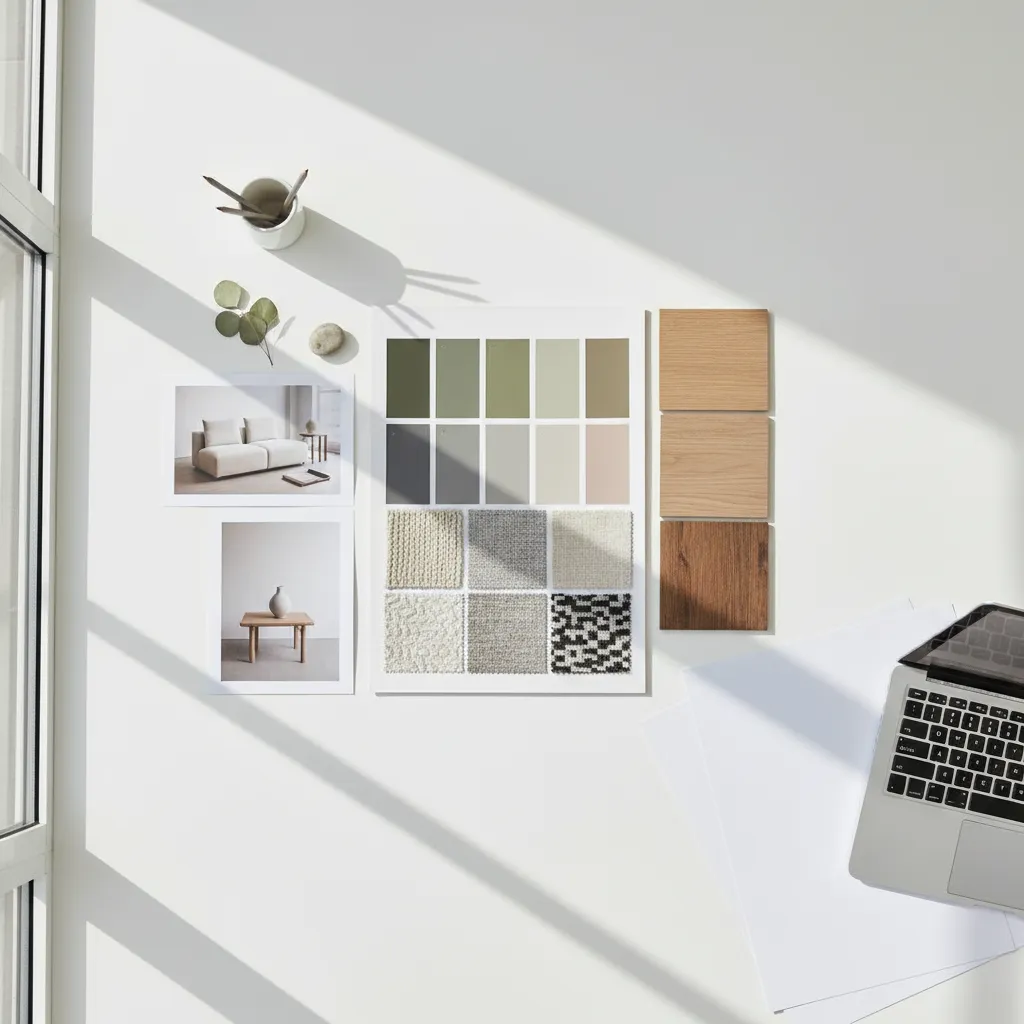 Top view of a workspace with color samples fabric swatches wood tiles and a laptop