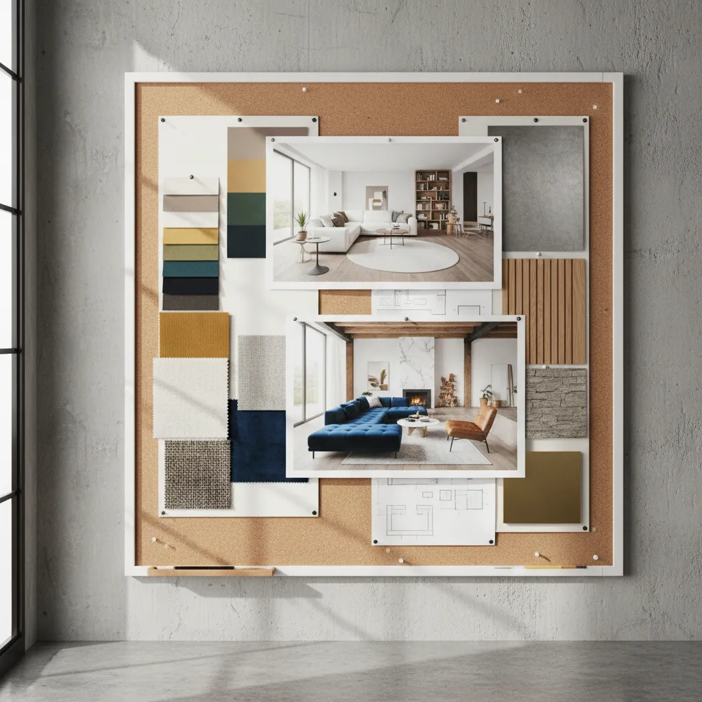 Panel visual de moodboard con imágenes de interiores y muestras de color