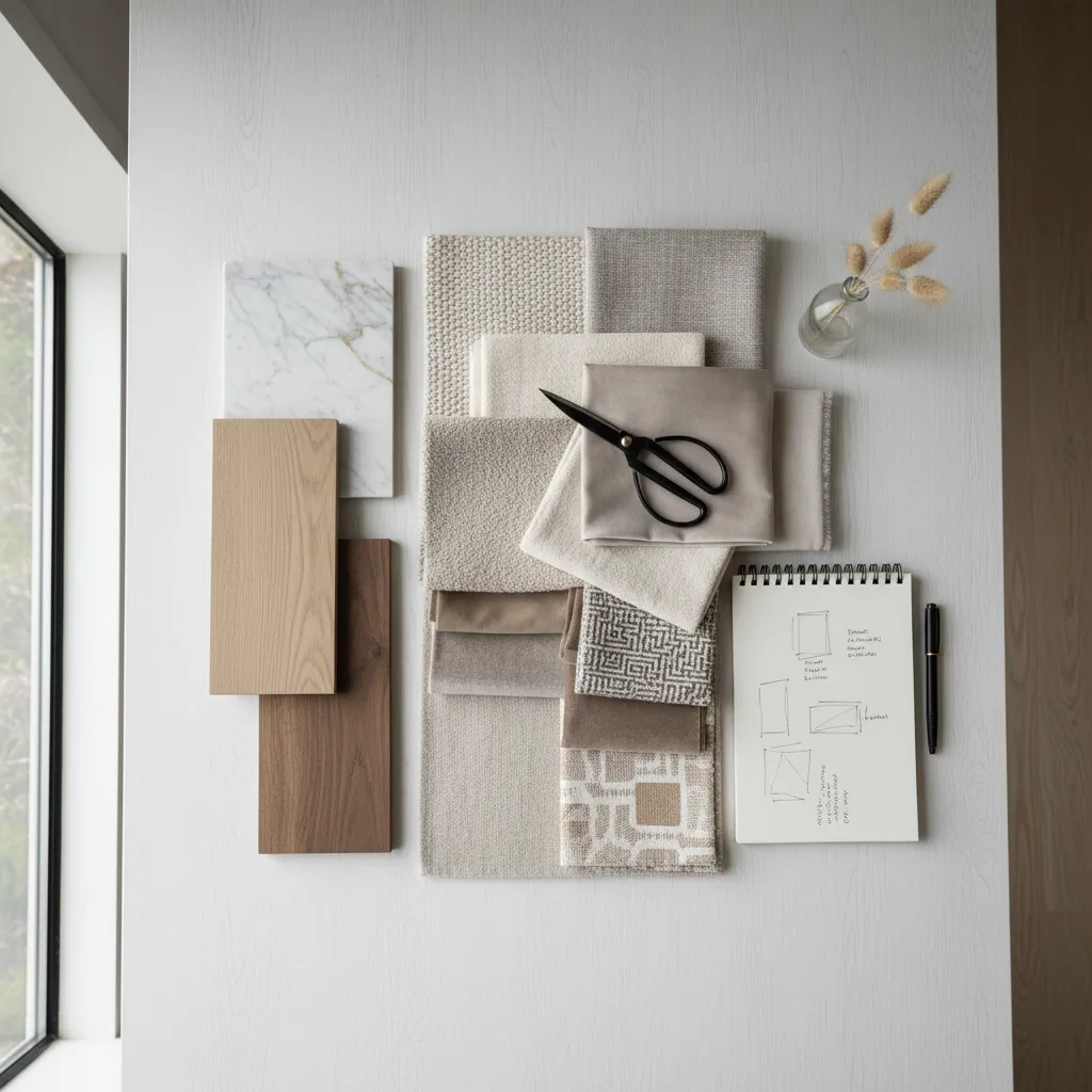 Moodboard de diseño interior con paleta de colores y muestras de materiales