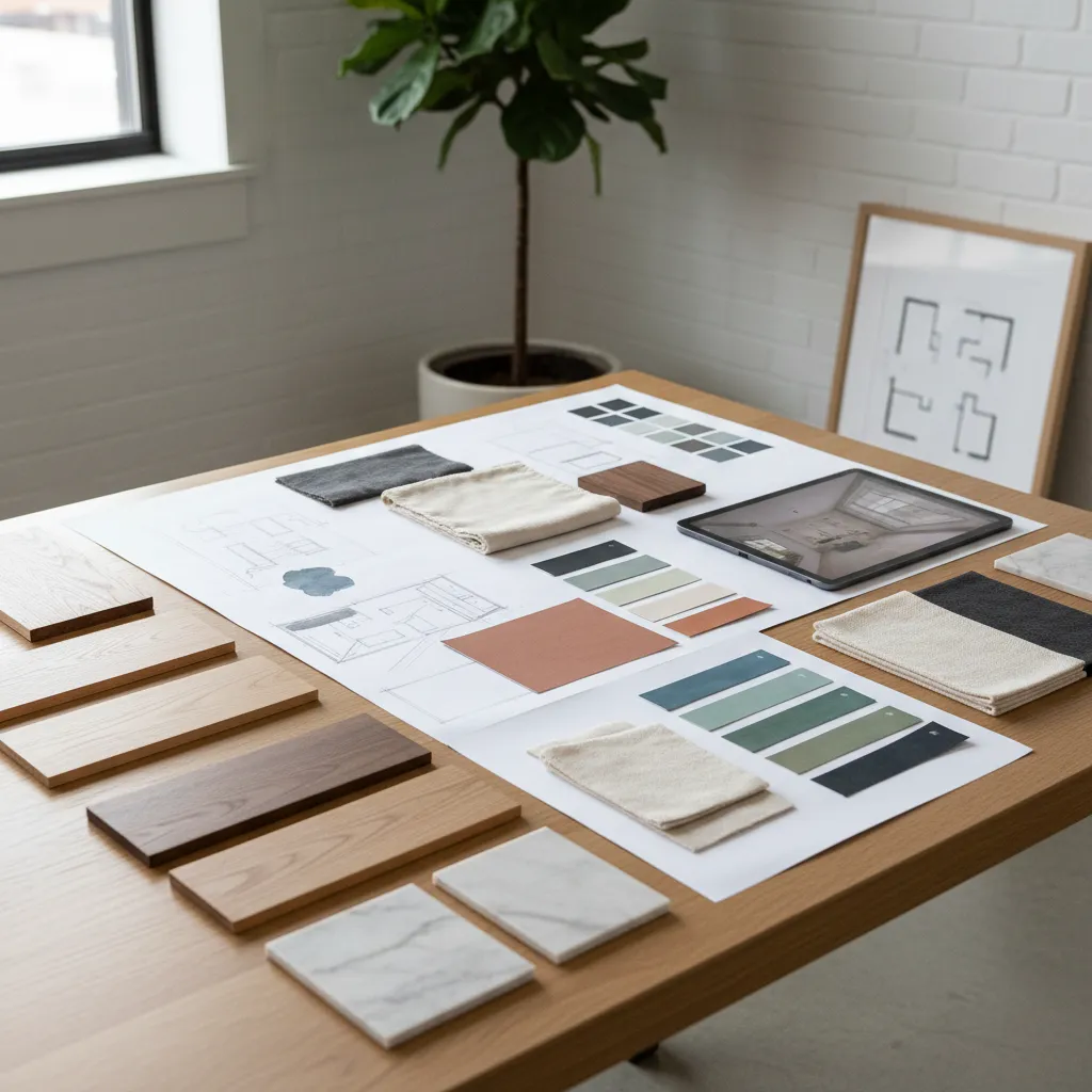 Moodboard de diseño interior con muestras de madera, textiles y paleta de colores