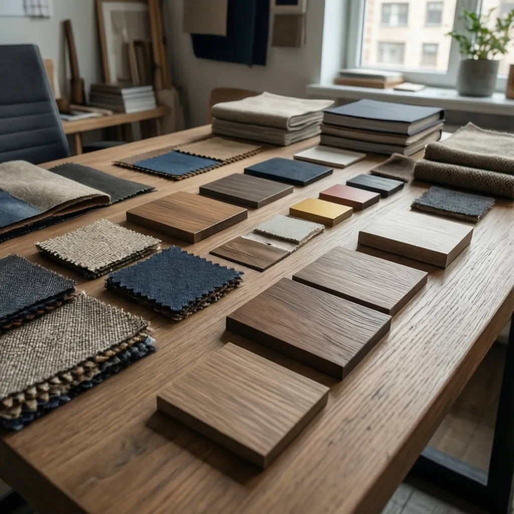 Mesa con muestras de materiales, telas y paletas de color para diseño interior
