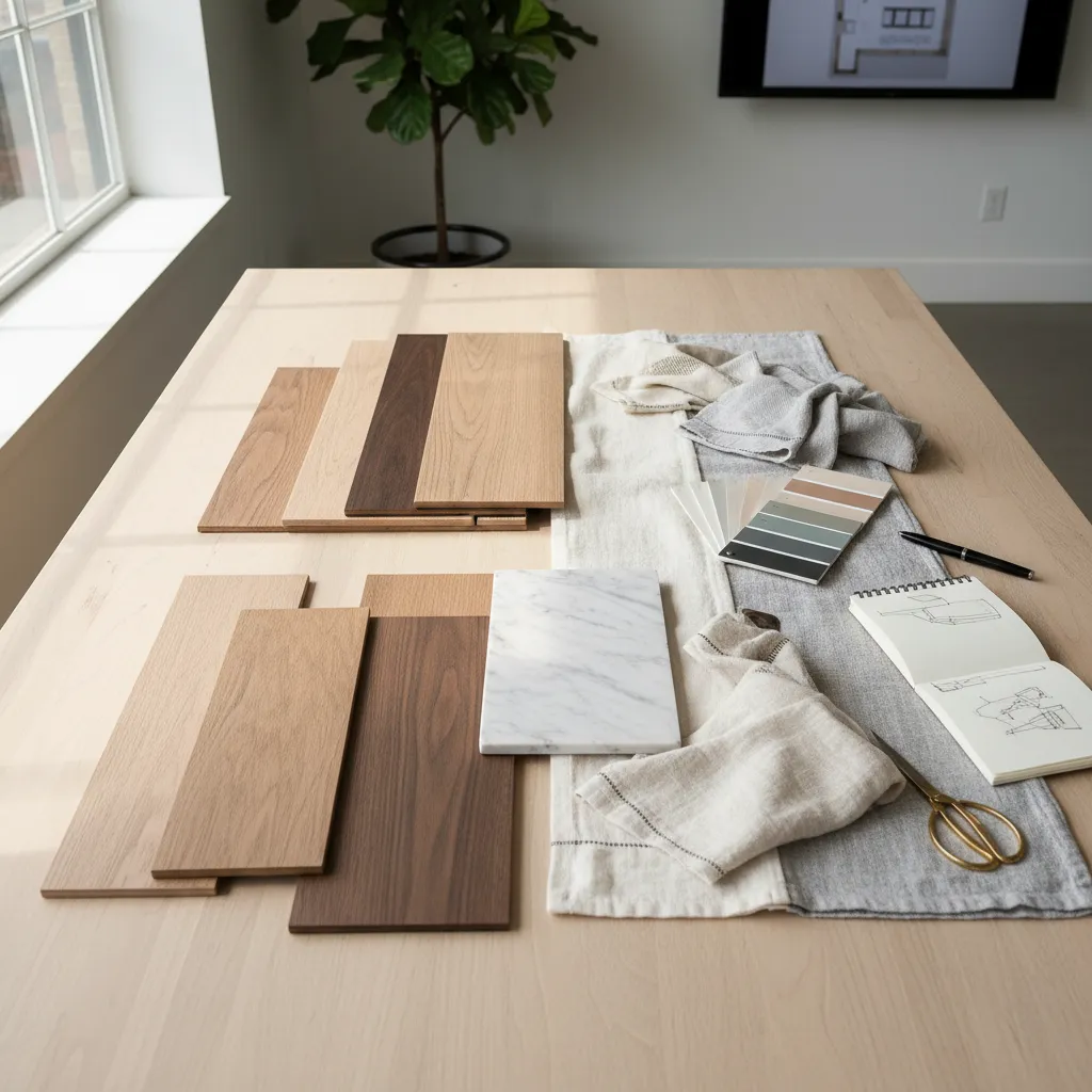 Interior design materials on table including wood samples marble slab fabric color palette notebook and scissors