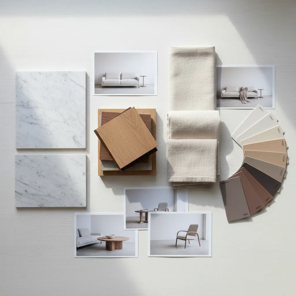 Marble tiles wood samples and fabric pieces arranged with color cards for interior design planning