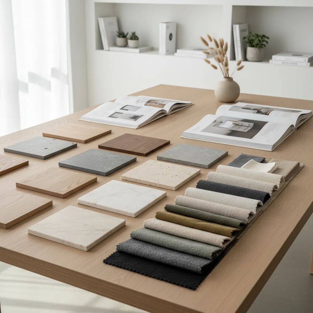 Interior design moodboard with materials samples and color palette inspired by a design book