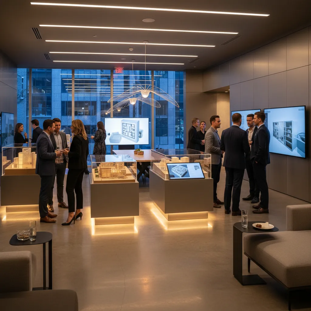 Interior designers discussing projects at a modern design networking event