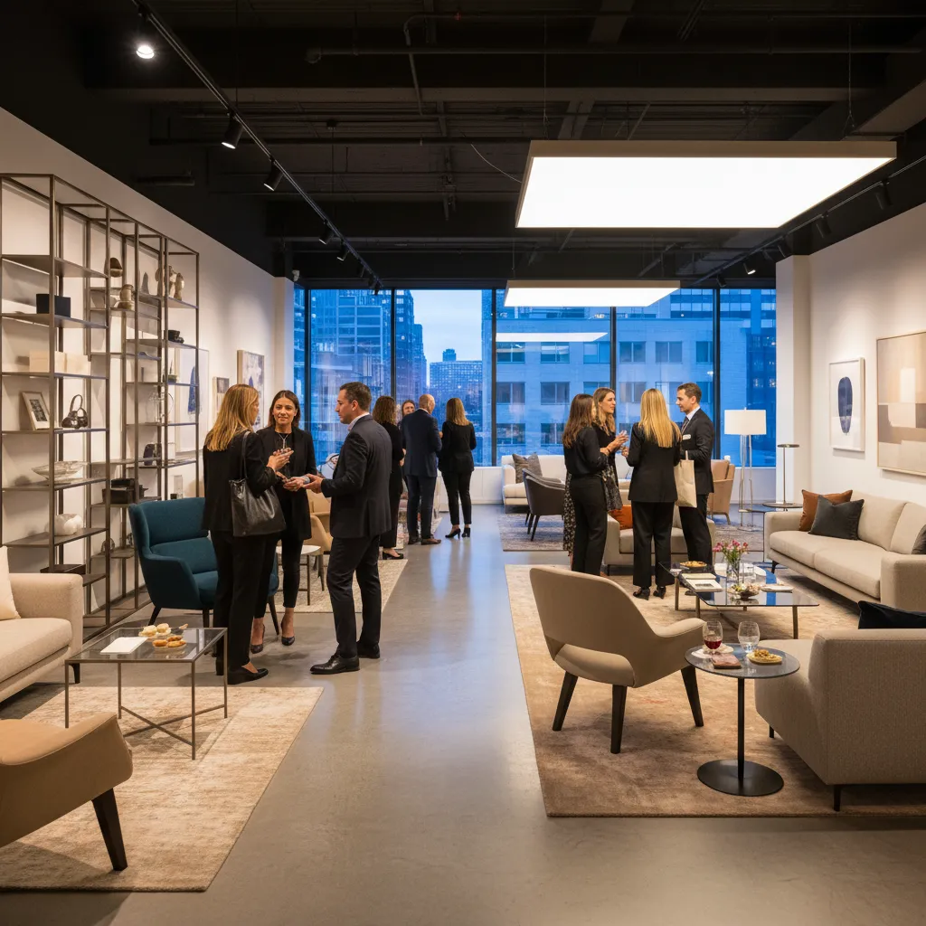 Evento de networking entre diseñadores de interiores en un showroom